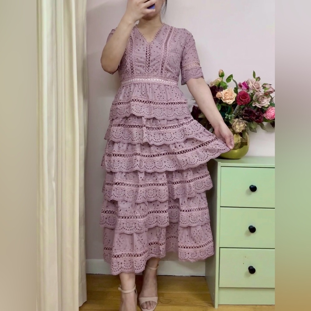 Elegant Lace Eyelet Tiered Mauve Dress